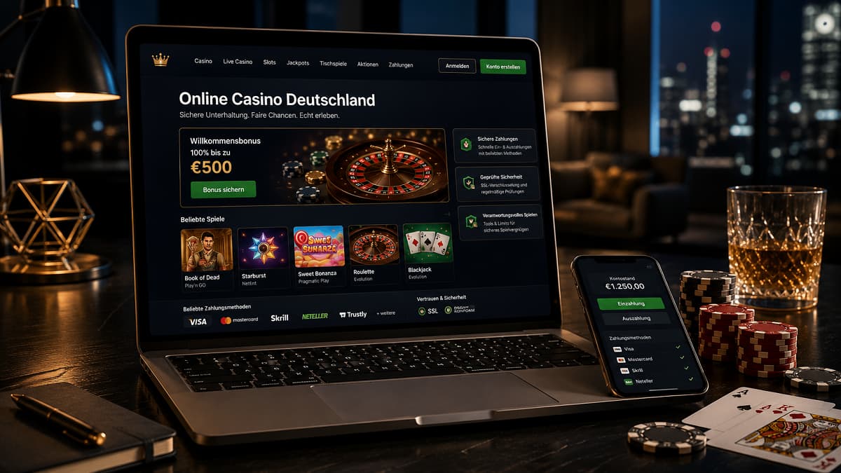 Modernes Laptop-Setup mit Casino-Oberfläche und dem Titel Online Casino Deutschland in eleganter Nachtatmosphäre.